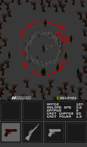 mobile game screenshot of zombies approaching the central player