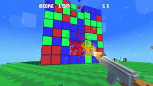 a screenshot of a puzzle shooter, the game is voxelated and the player is shooting a selection of colorful cubes