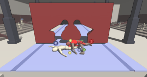 a screenshot of a hole in the wall video multiplayer physics game with two characters trying to squeeze through an opening