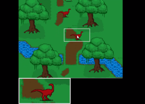 A screenshot of a top down pixel art photography game featuring dinosaurs in a colorful environment