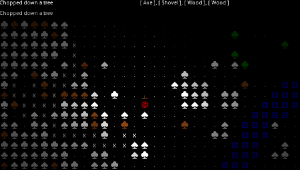 a screenshot of an ascii top down roguelike game the game reads that a player chopped down a tree, and has an axe, shovel and wood in their inventory