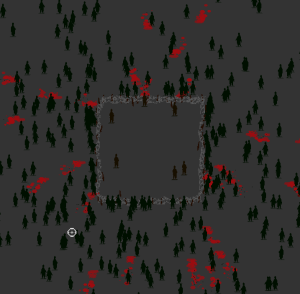 a screenshot of a pixelated top down zombie horder game with zombies moving to the center of the screen